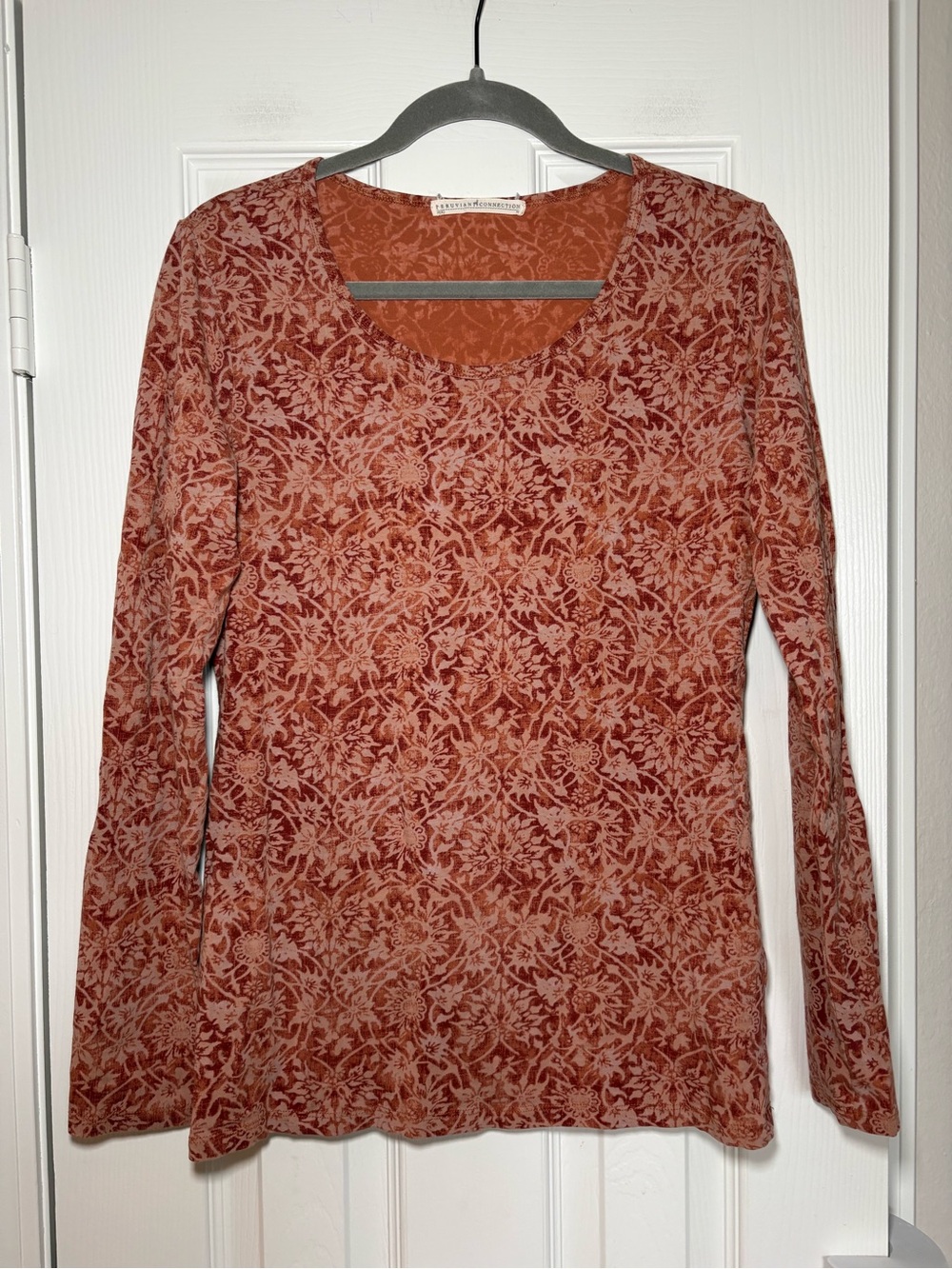 Peruvian Connection Woodcut Tee Floral Print Long Sleeve Top Size M